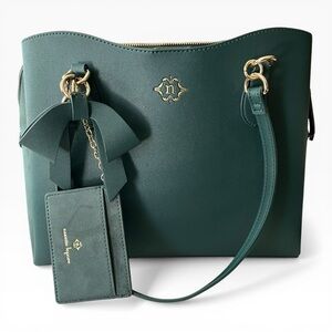 Nanette Lepore Bow Purse Gold Accents Satchel Green Bag Dbl Handle Zip Closure